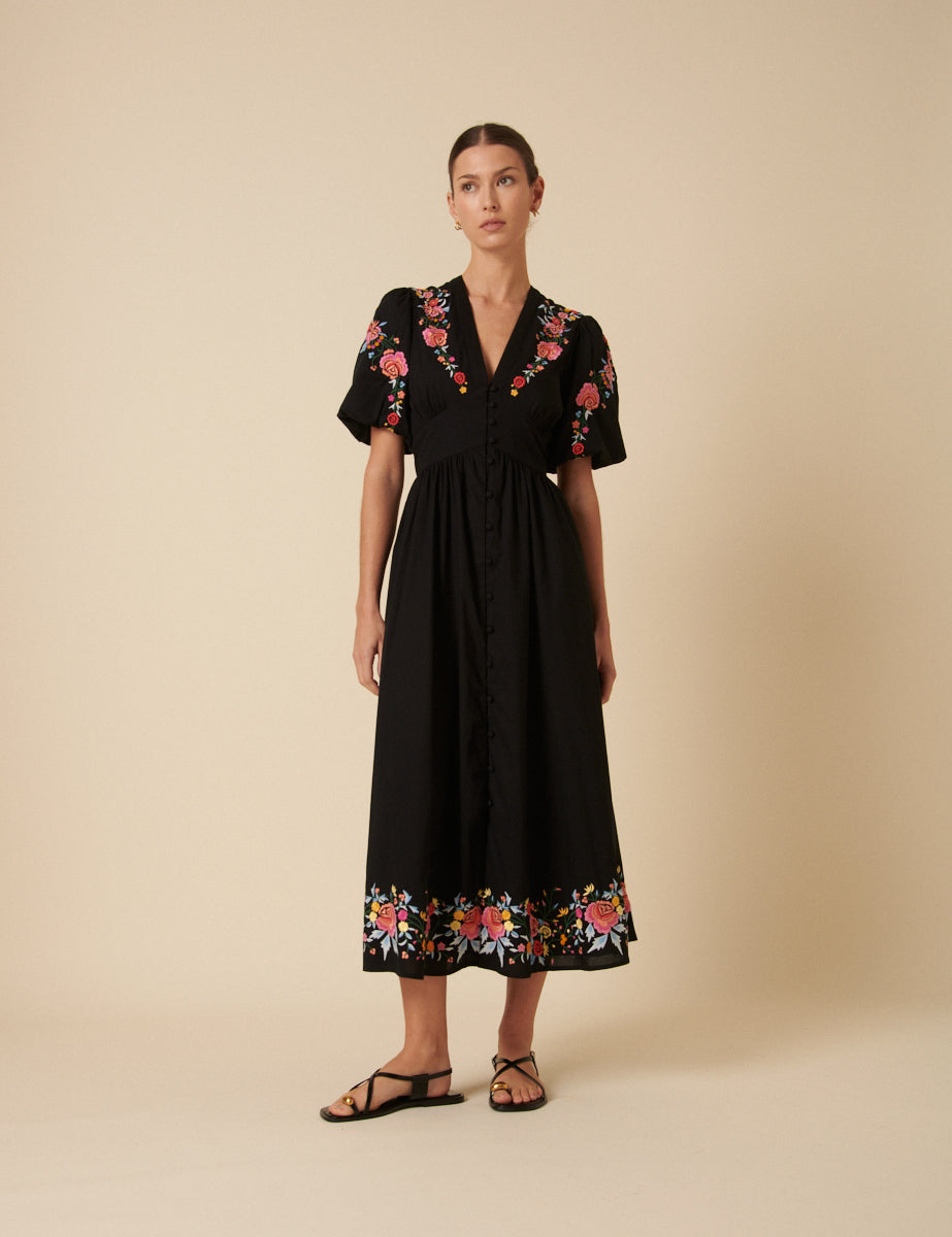 Black Floral Embroidered Starlight Midi Dress