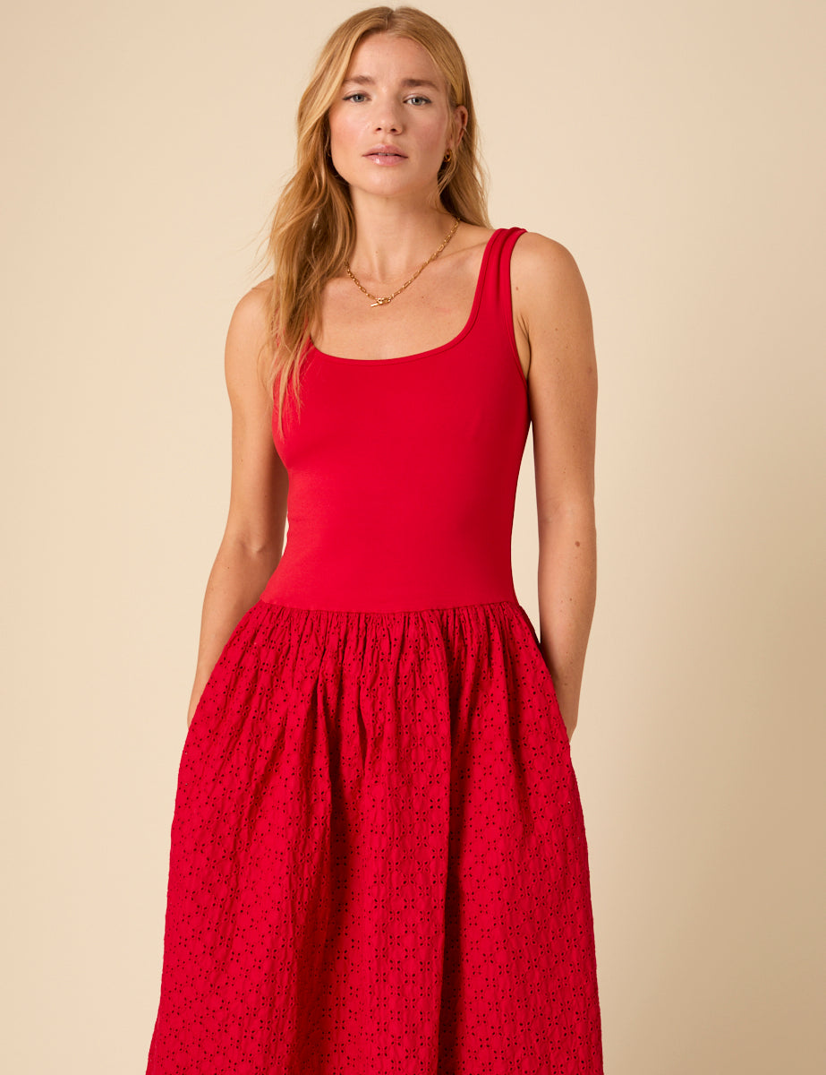 Red Broderie Anglaise Colorado Midi Dress