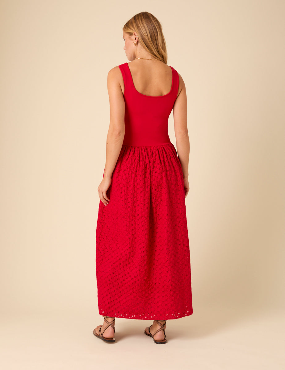 Red Broderie Anglaise Colorado Midi Dress