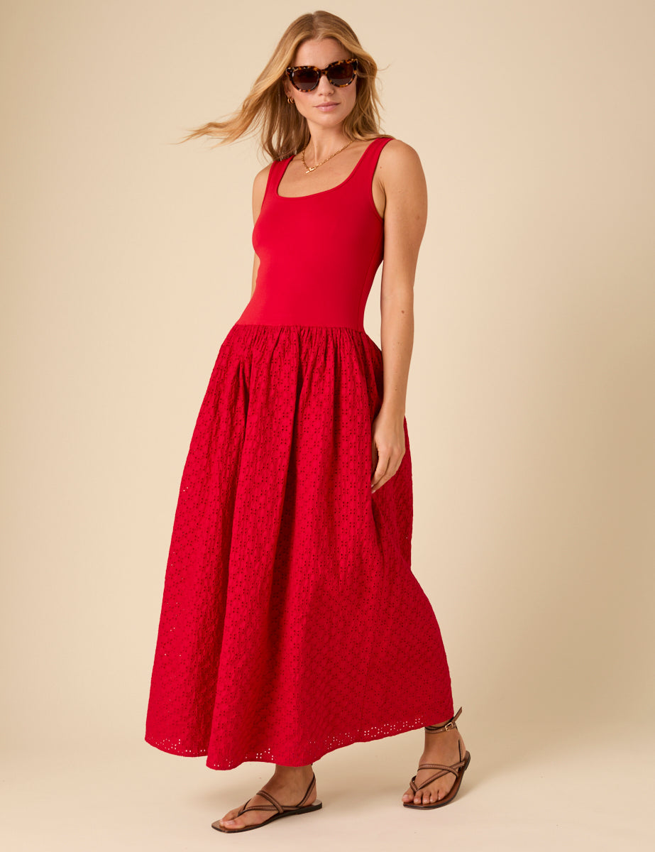Red Broderie Anglaise Colorado Midi Dress