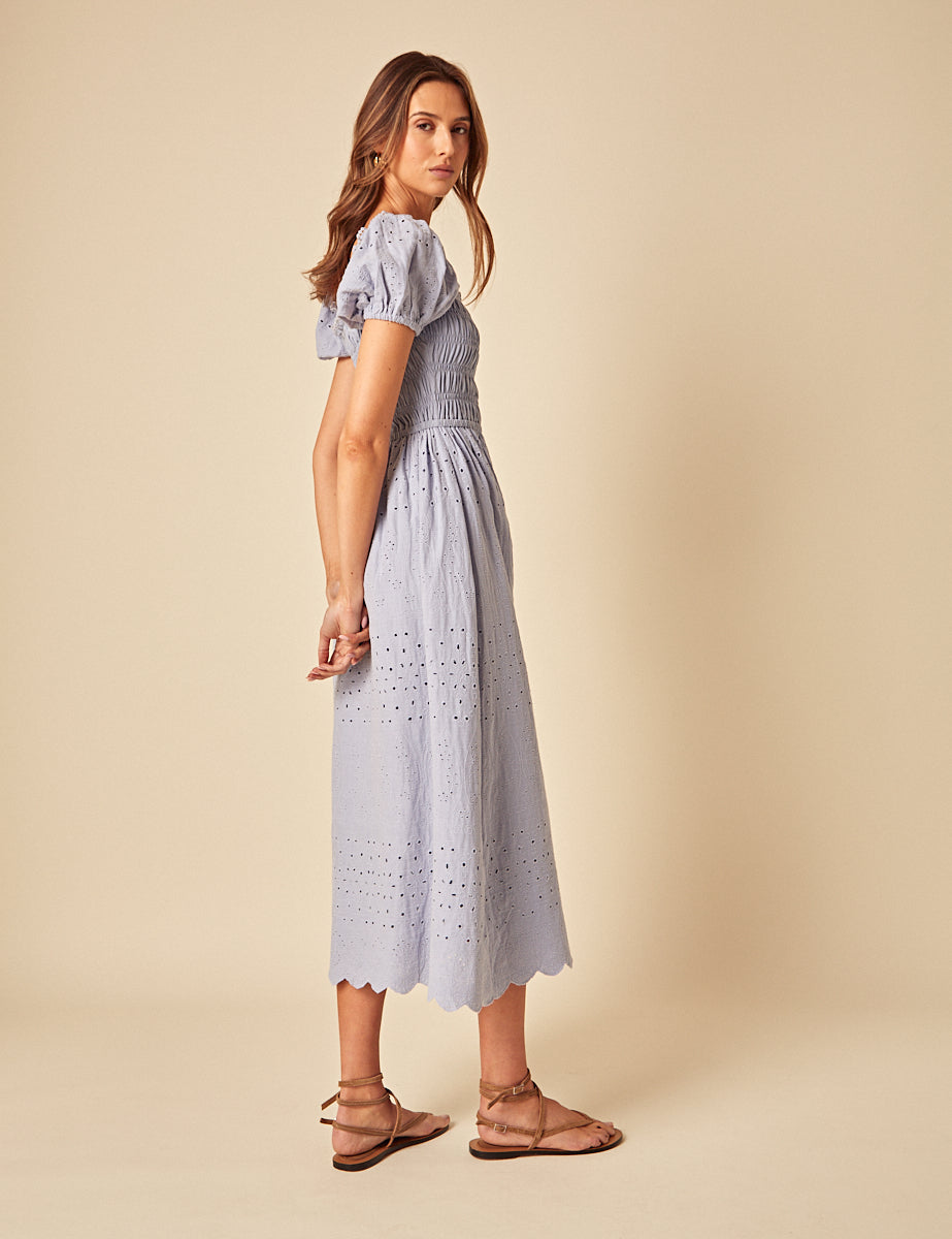 Blue Broderie Anglaise Sophia Midi Dress