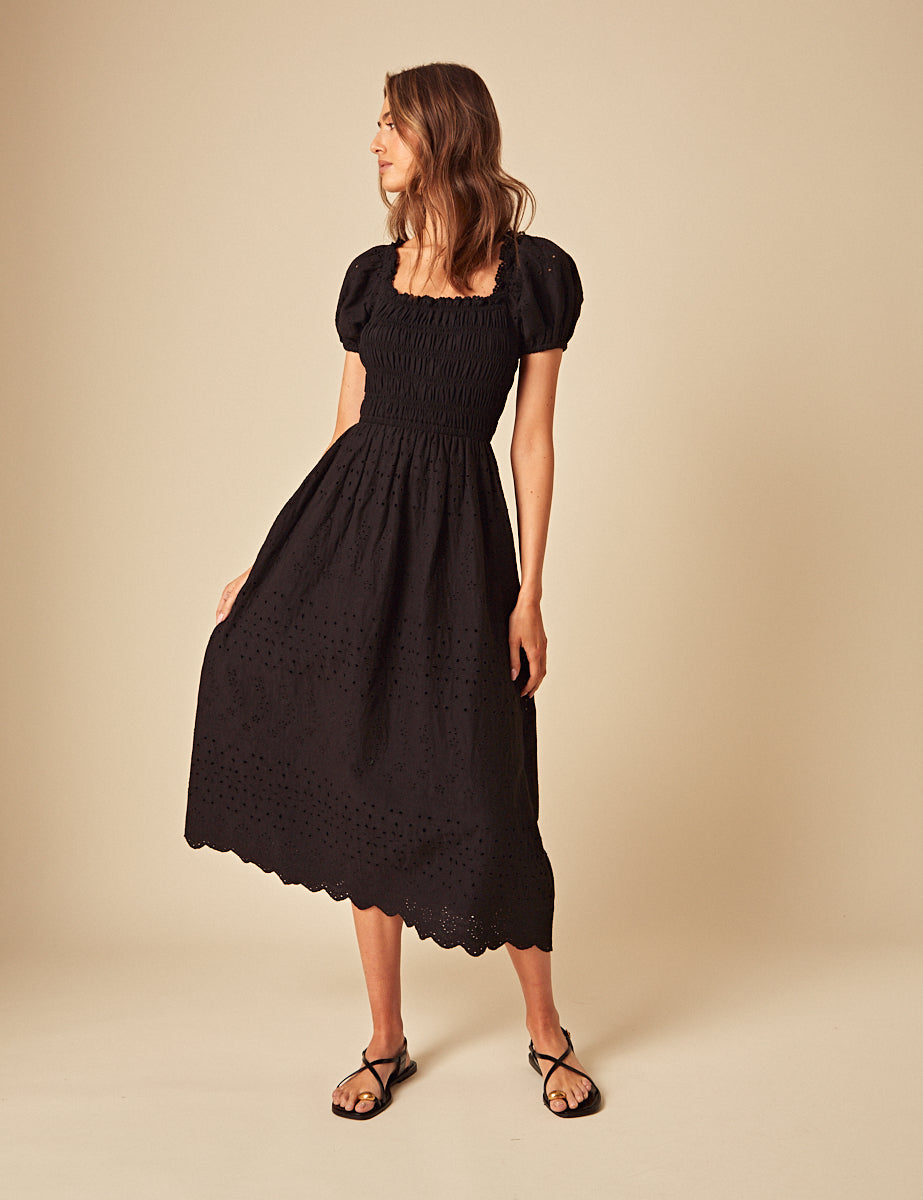 Black Broderie Anglaise Sophia Midi Dress