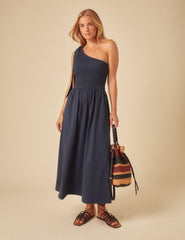 Navy One Shoulder Shirred Midi Dress