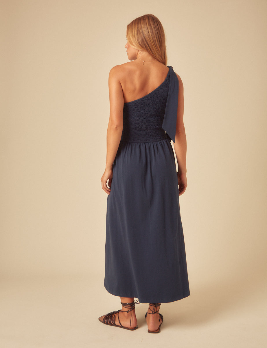 Navy One Shoulder Shirred Midi Dress