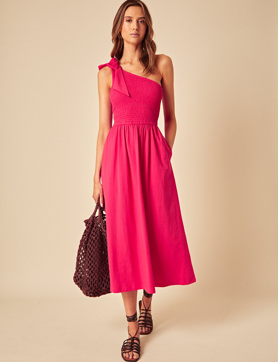 Pink One Shoulder Shirred Midi Dress