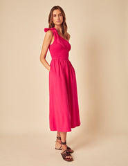 Pink One Shoulder Shirred Midi Dress
