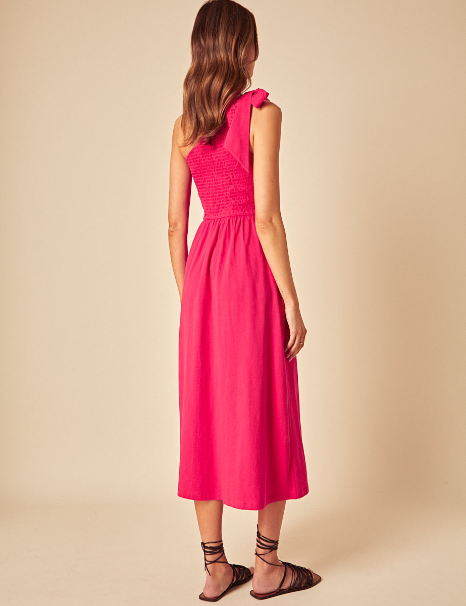 Pink One Shoulder Shirred Midi Dress
