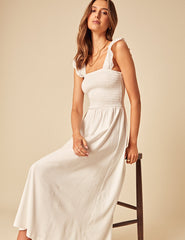 White Shirred Rita Midi Dress
