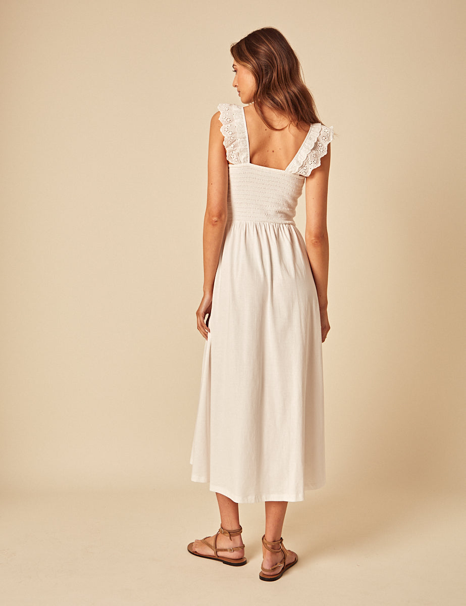 White Shirred Rita Midi Dress