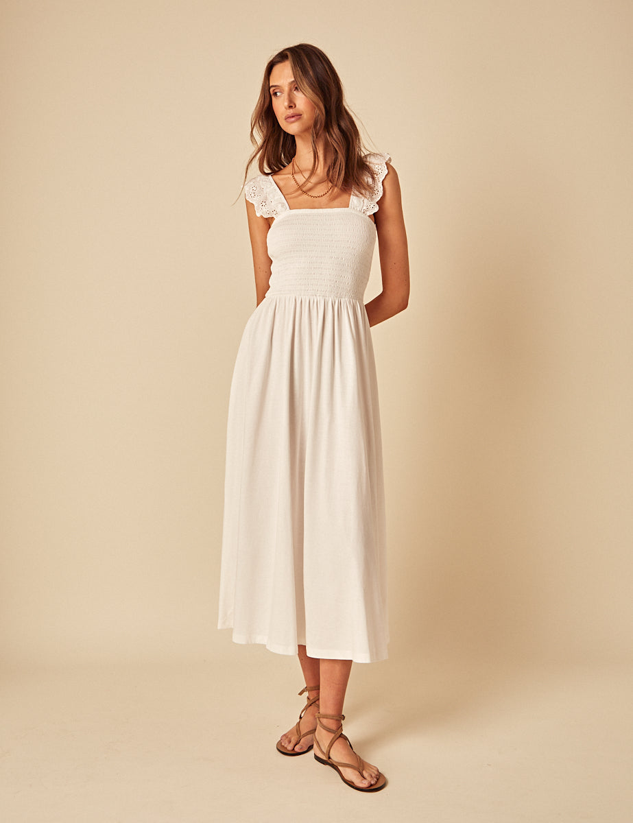 White Shirred Rita Midi Dress