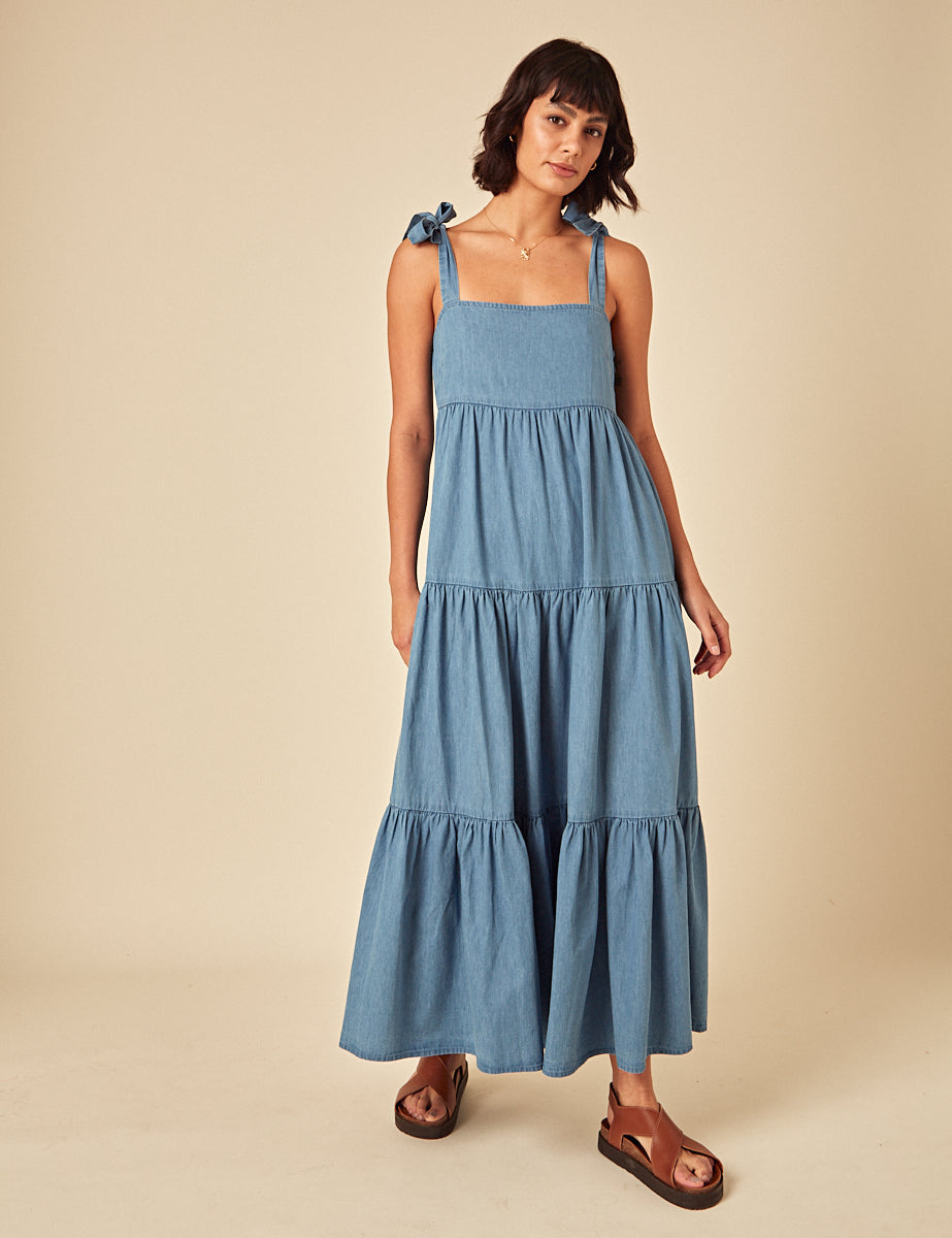 Blue Denim Tiered Midi Smock Dress