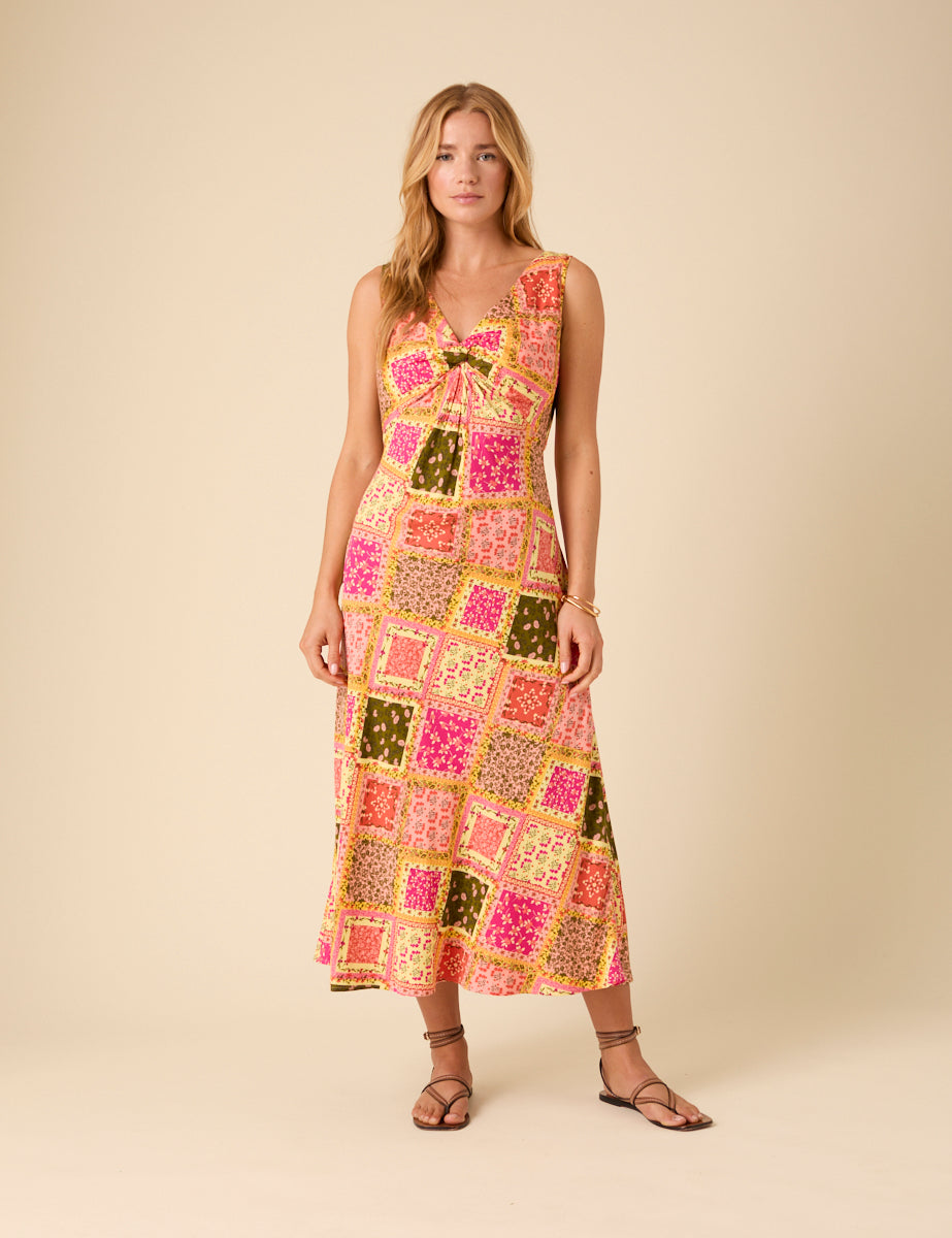 Yellow Patchwork Twist Front Athena Midi Dress
