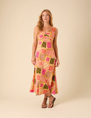 Yellow Patchwork Twist Front Athena Midi Dress