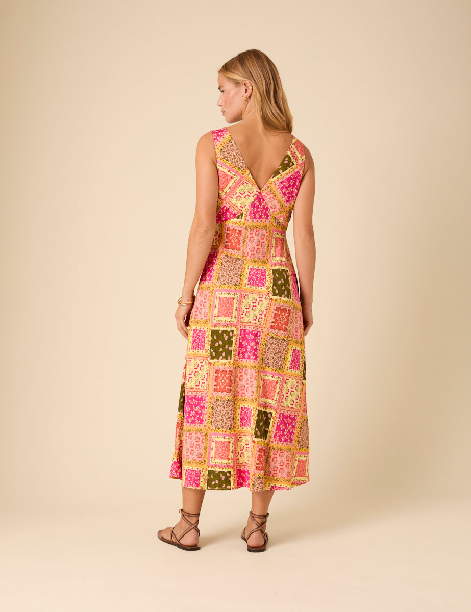 Yellow Patchwork Twist Front Athena Midi Dress