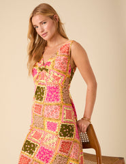 Yellow Patchwork Twist Front Athena Midi Dress