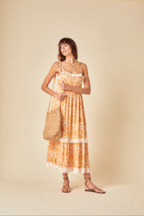 Yellow Paisley Print Tiered Ray Midi Dress