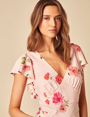 Pink Floral Frill Sleeve Loubelle Midi Dress