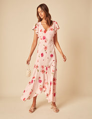 Pink Floral Frill Sleeve Loubelle Midi Dress