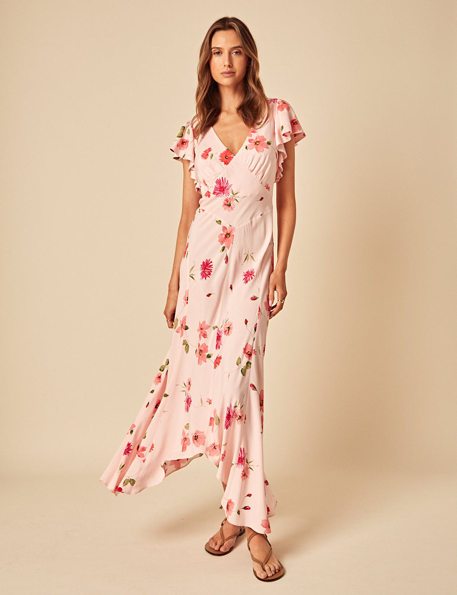 Pink Floral Frill Sleeve Loubelle Midi Dress