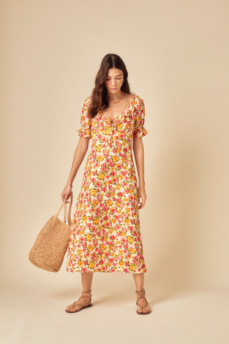 Cream Floral Print Rye Midi Dress