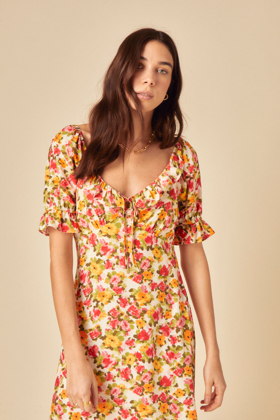 Cream Floral Print Rye Midi Dress