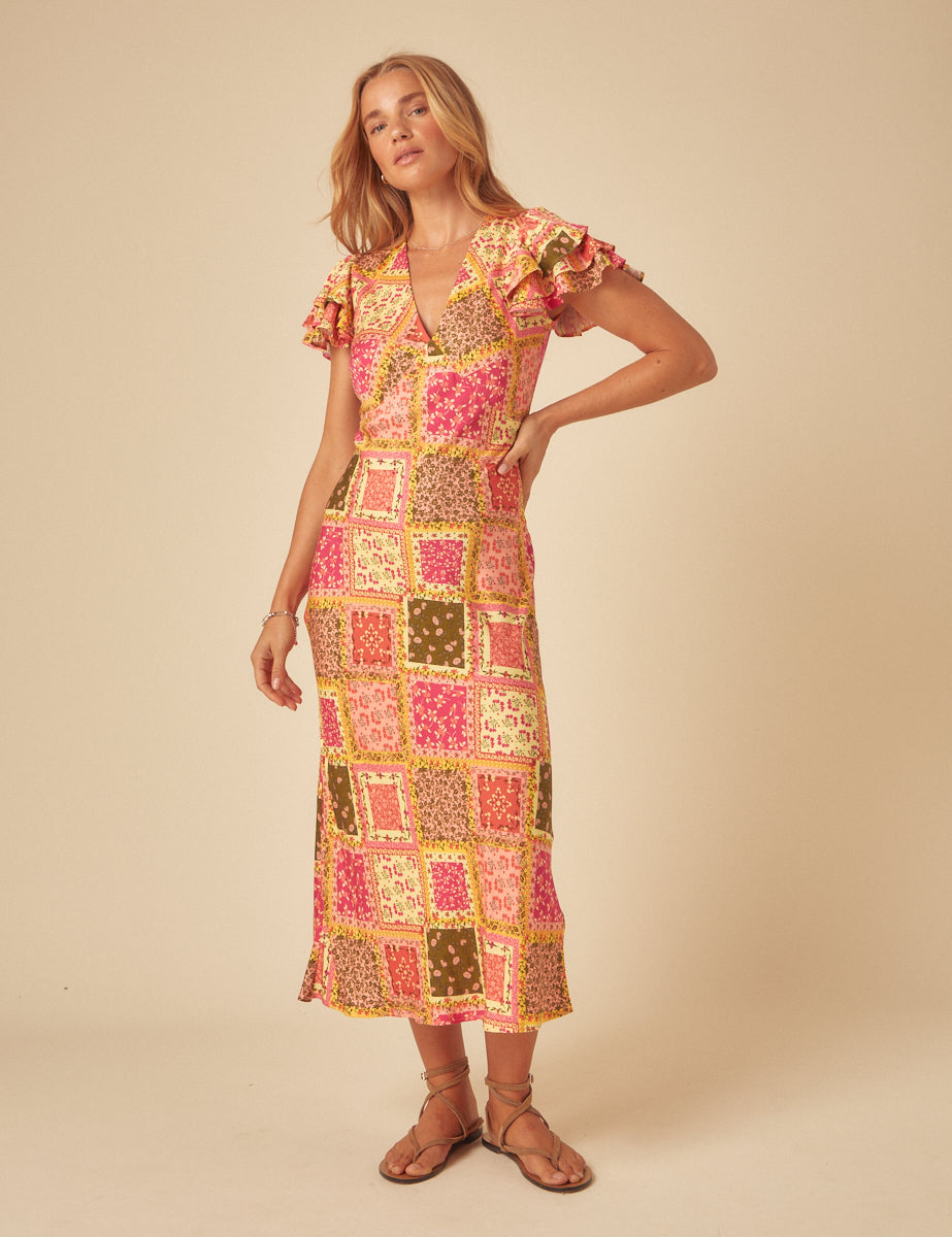 Yellow Patchwork Print Layla Midi Dress