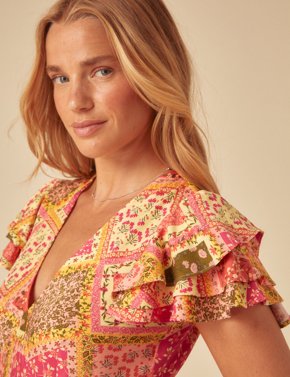 Yellow Patchwork Print Layla Midi Dress