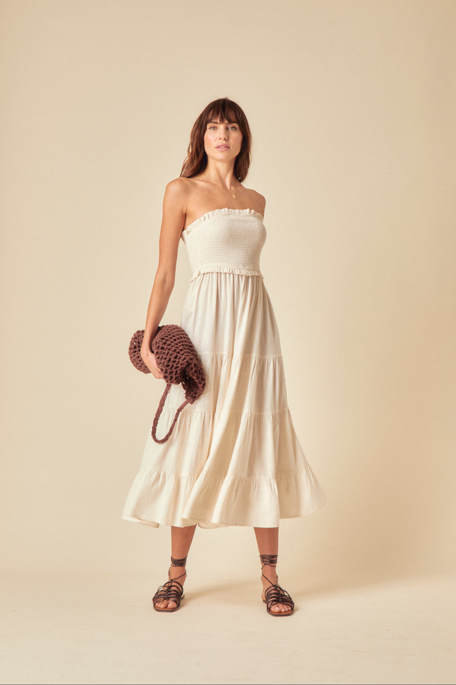 Stone Linen-blend Bandeau Shirred Maisie Midi Dress