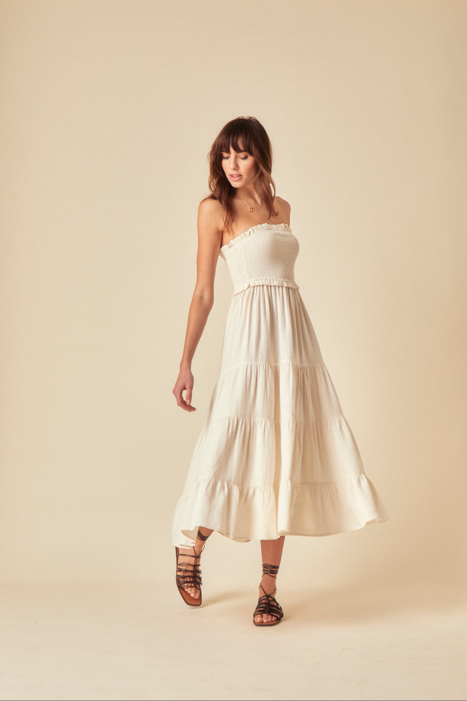 Stone Linen-blend Bandeau Shirred Maisie Midi Dress
