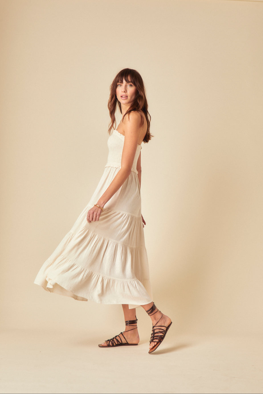 Stone Linen-blend Bandeau Shirred Maisie Midi Dress