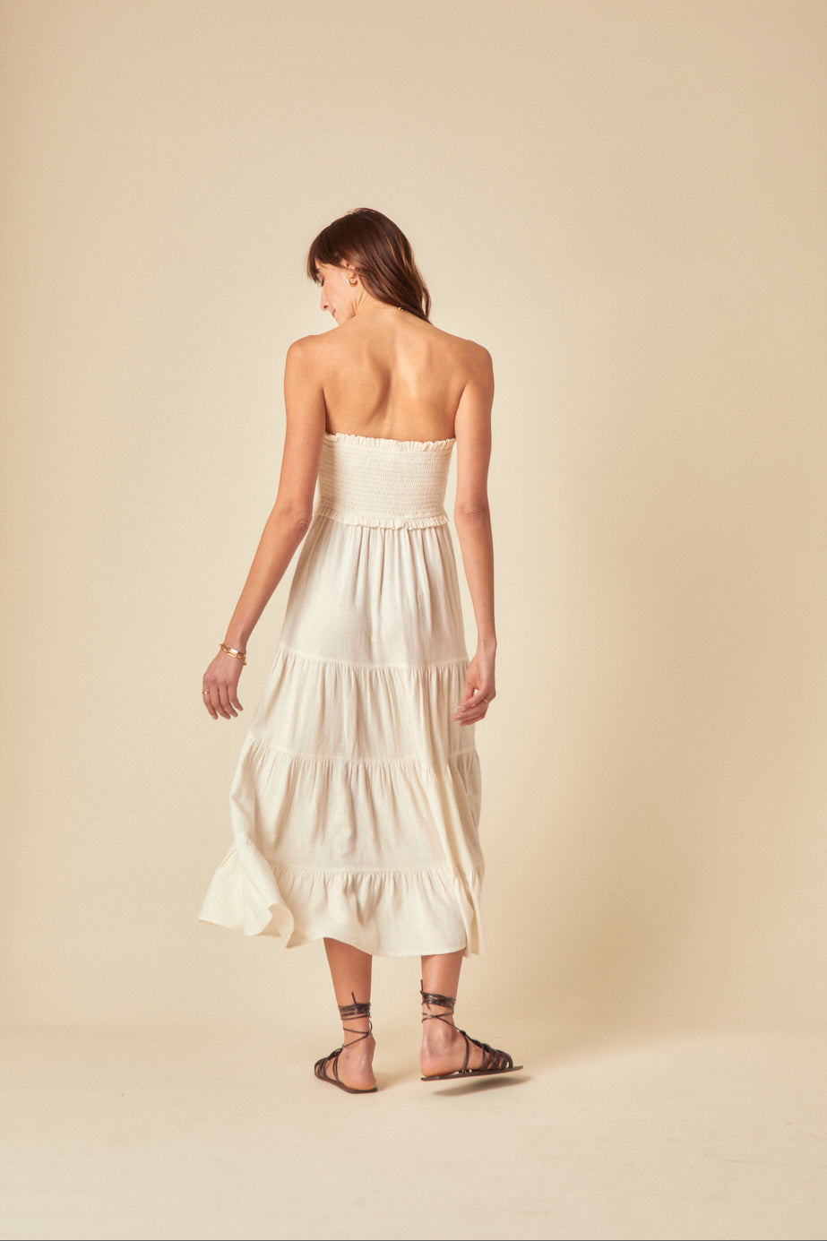 Stone Linen-blend Bandeau Shirred Maisie Midi Dress