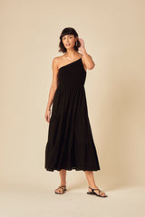 Black One Shoulder Frome Midi Dress