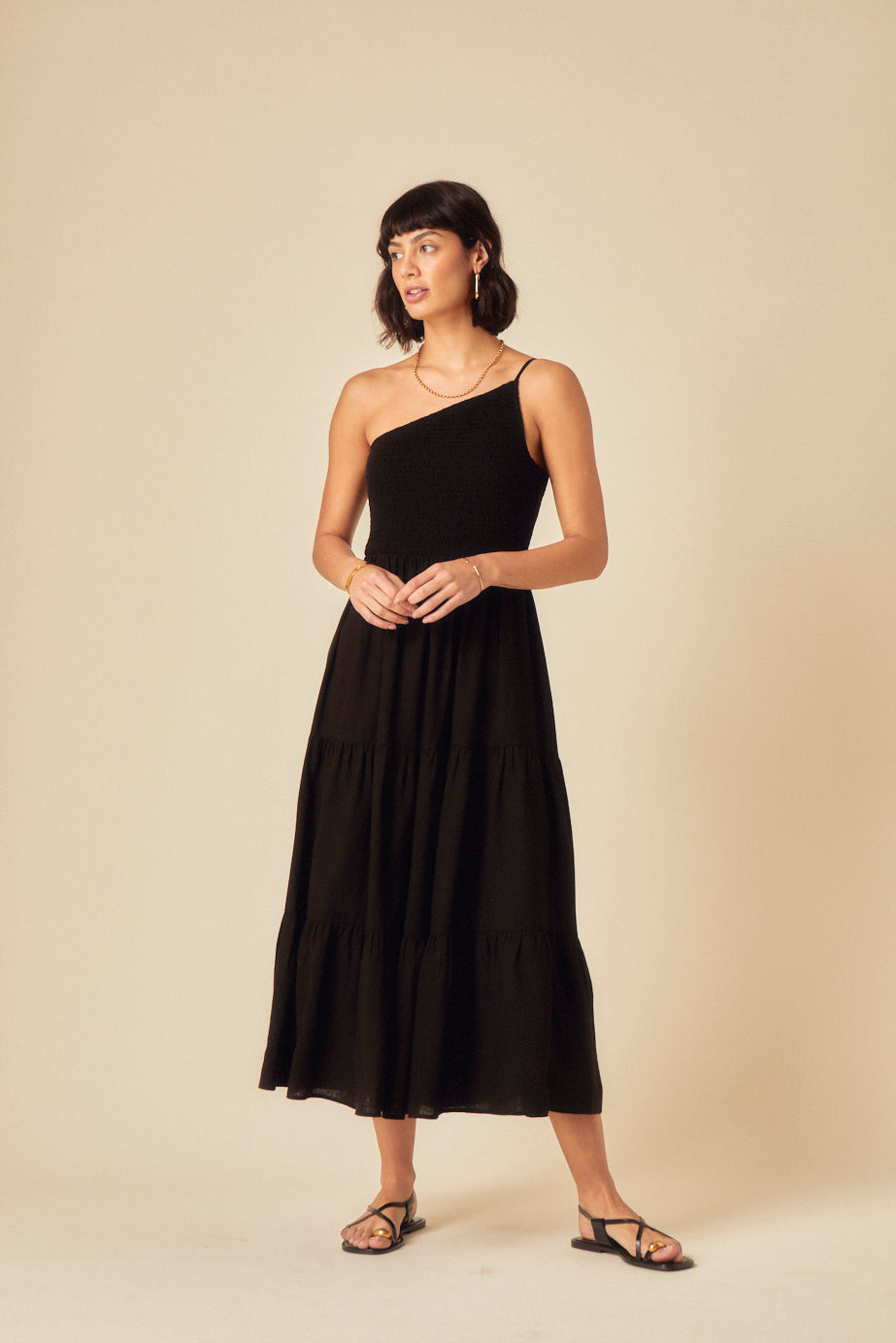 Black One Shoulder Frome Midi Dress