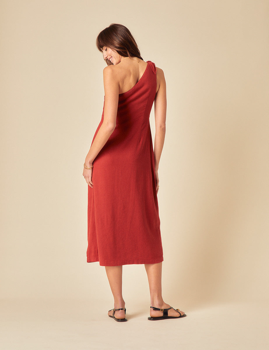 Red Linen-blend One Shoulder Sherbourne Midi Dress