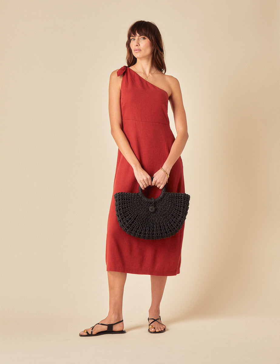 Red Linen-blend One Shoulder Sherbourne Midi Dress