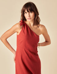 Red Linen-blend One Shoulder Sherbourne Midi Dress