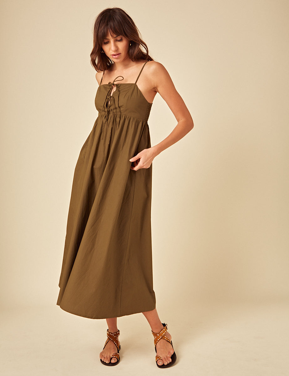 Green Tie Front Aspen Midi Smock Dress