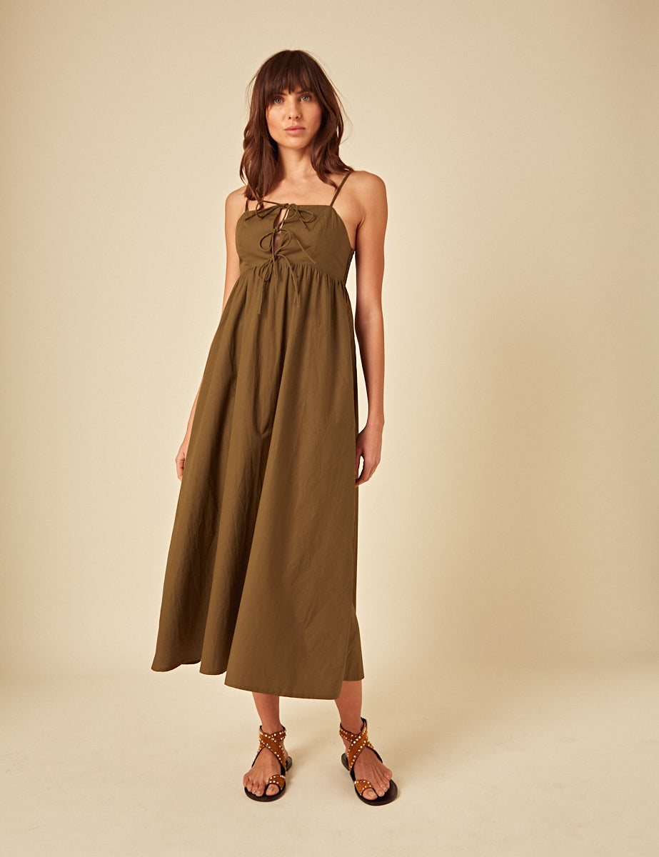 Green Tie Front Aspen Midi Smock Dress