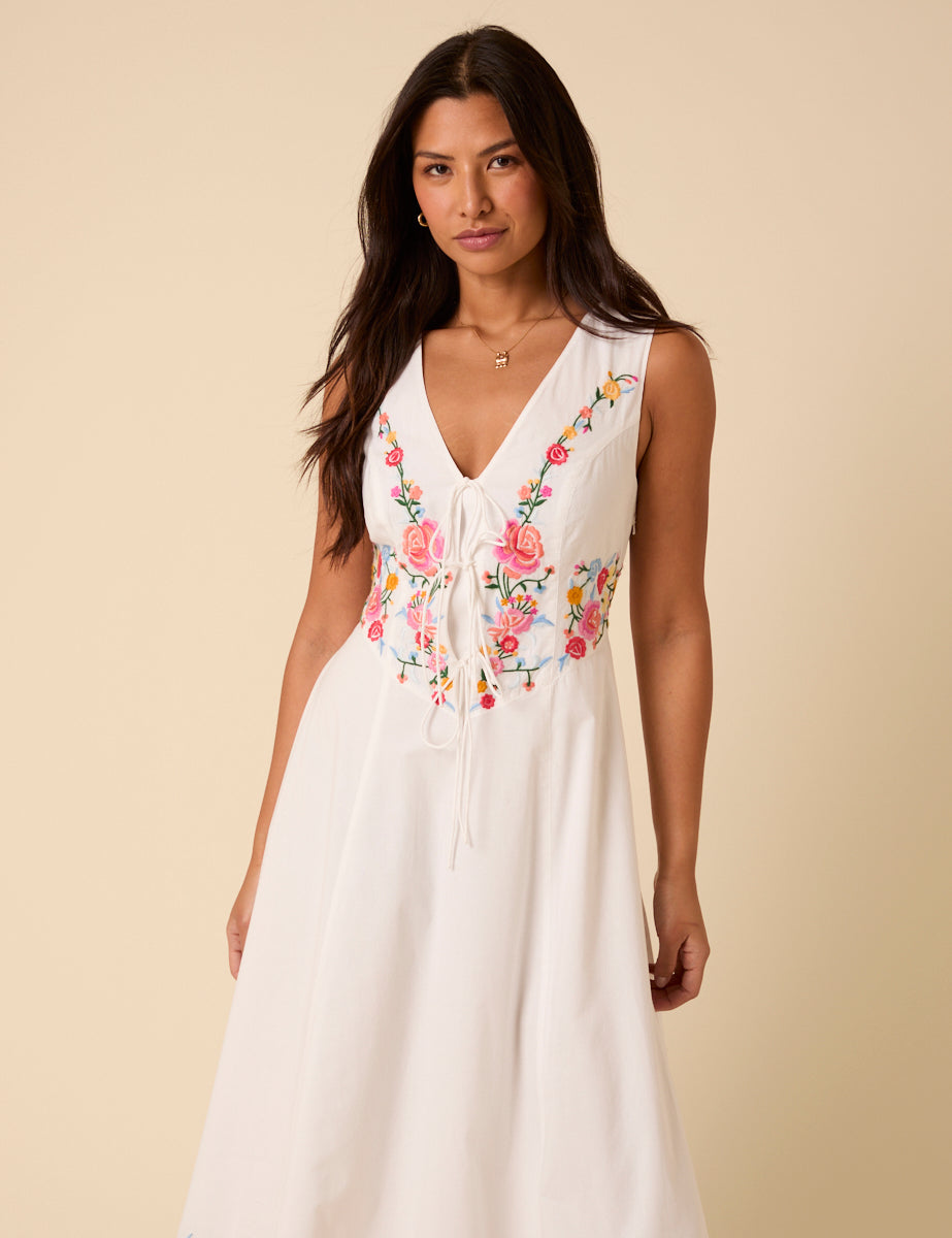 White Floral Embroidered Terra Midi Dress