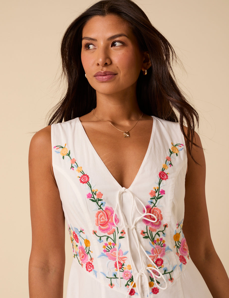 White Floral Embroidered Terra Midi Dress
