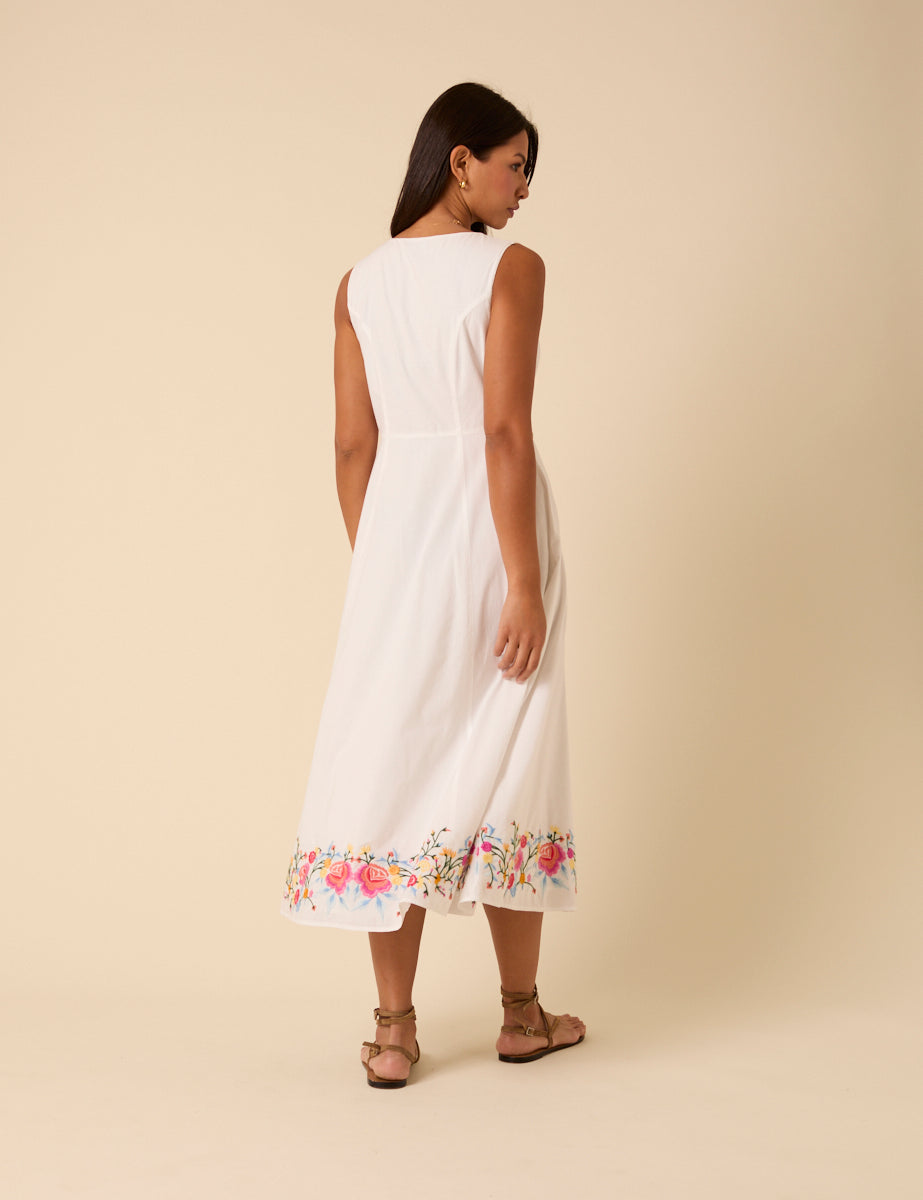 White Floral Embroidered Terra Midi Dress