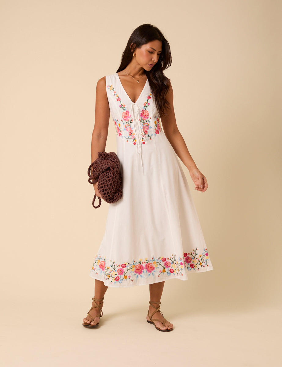 White Floral Embroidered Terra Midi Dress