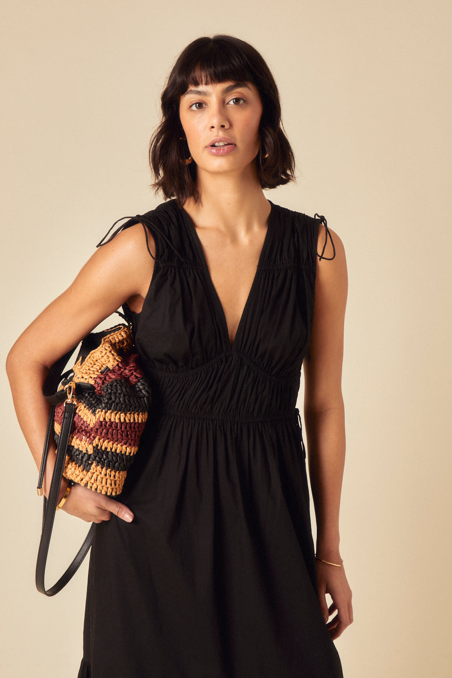 Black Ruched Tiered Ianthe Midi Dress