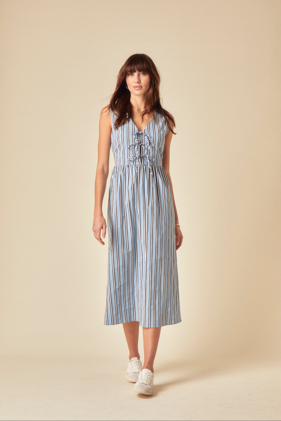 Blue Pinstripe Tie Front Posey Midi Dress