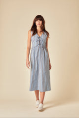 Blue Pinstripe Tie Front Posey Midi Dress