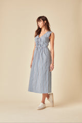 Blue Pinstripe Tie Front Posey Midi Dress
