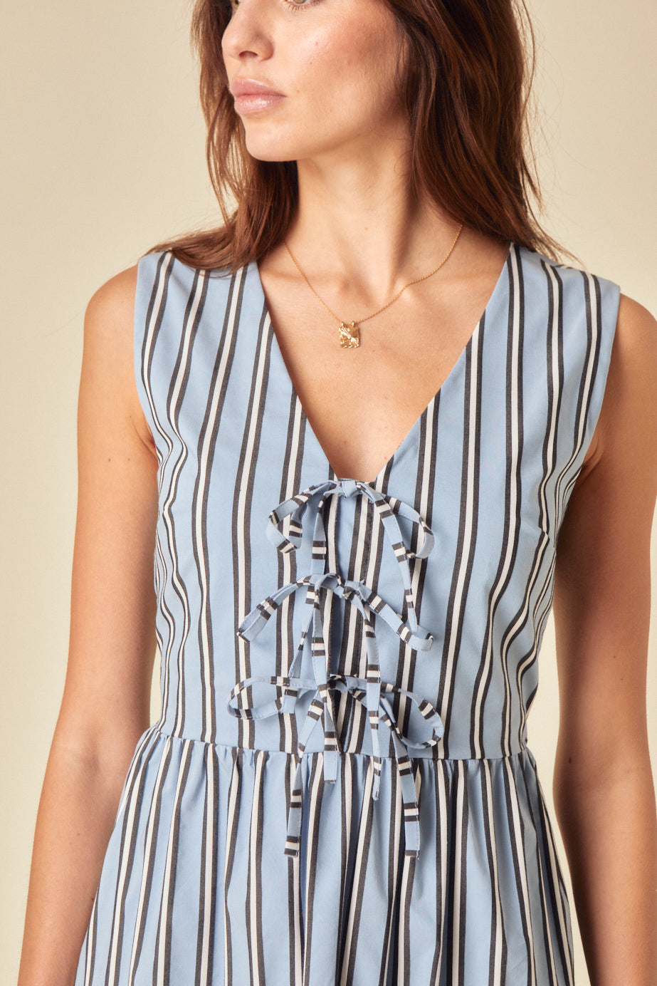 Blue Pinstripe Tie Front Posey Midi Dress