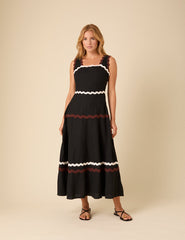 Black Linen-blend Contrast Trim Acacia Midi Dress