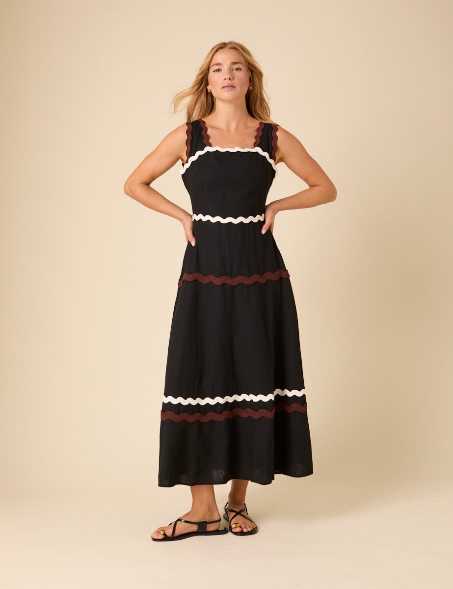 Black Linen-blend Contrast Trim Acacia Midi Dress