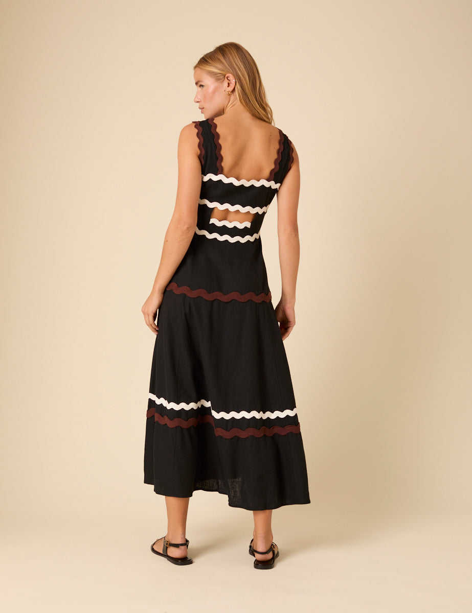Black Linen-blend Contrast Trim Acacia Midi Dress